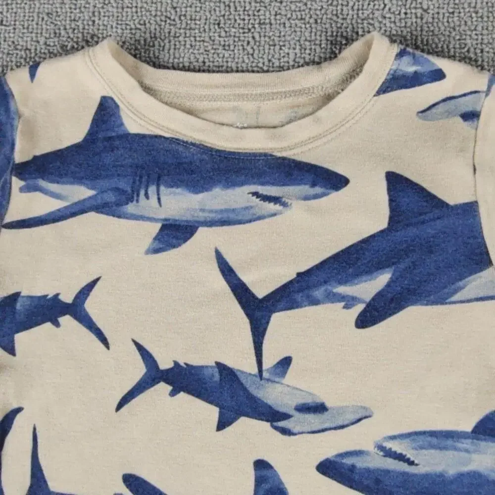 Carter's Shirt Youth 6 Beige Blue Shark Allover Graphic Tee Short Sleeve Cotton